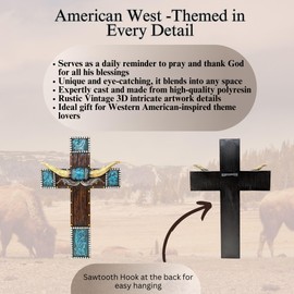 BestGiftEver Southwestern Wall Cross with Faux Horns and Tooled Leather Accent - Native American Religious Decor, American Western Cross for Wall, Native Indian Home Wall Decor