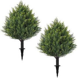24.8" Artificial Cedar Topiary Ball Trees with Ground Spike, Set of 2 Faux Cypress Plants UV Resistant Artificial Pine Shrubs Fake Bushes for Outdoor Indoor Front Porch Garden