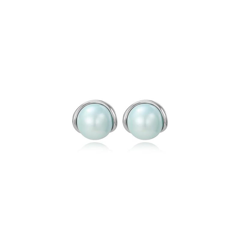 GZJOGO Big Light Blue Pearl Stud Earrings Trendy, White Gold