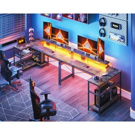 ODK 58 Inch Gaming Desk with USB Charging Ports and LED Lights, Reversible L Shaped Computer Desk with Storage Shelves & Monitor Stand, Corner Home Office Desk Table with Power Outlets, Vintage