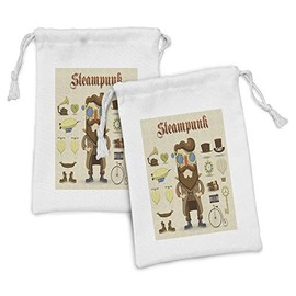Ambesonne Steampunk Fabric Pouch Set of 2, Cartoon Style Male Character and Vintage Mechanical Elements Hipster Gentleman, Small Drawstring Bag for Toiletries Masks and Favors, 9" x 6", Multicolor