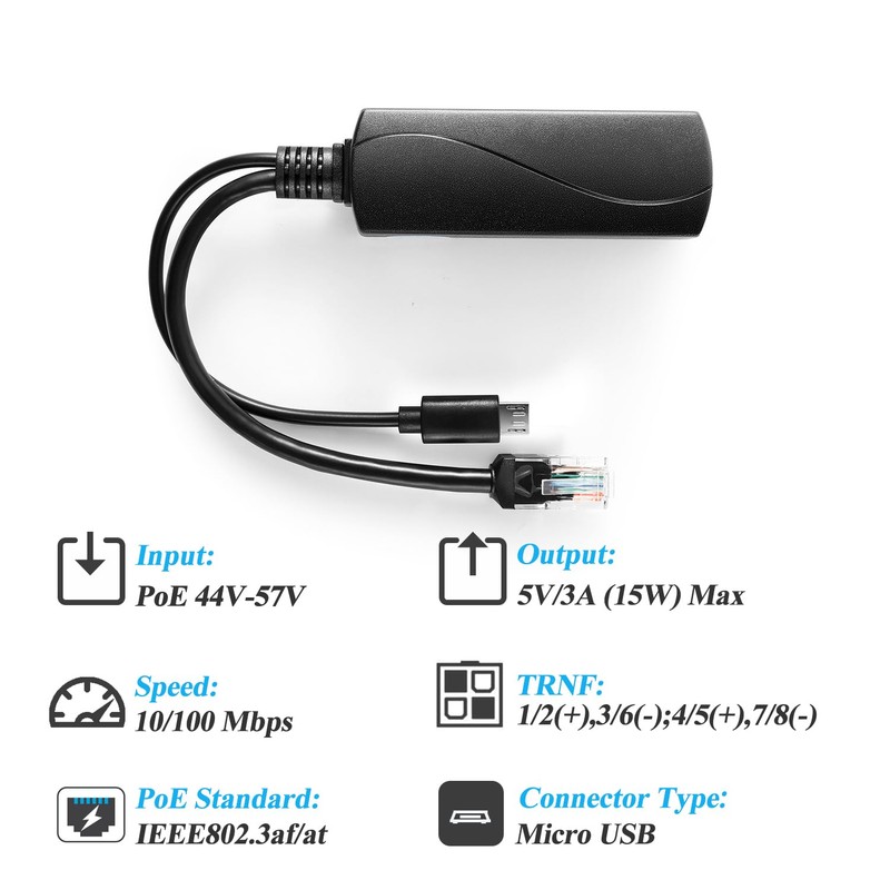 Revotech Active PoE Splitter 5V/3A Micro USB Plug, 48V PoE
