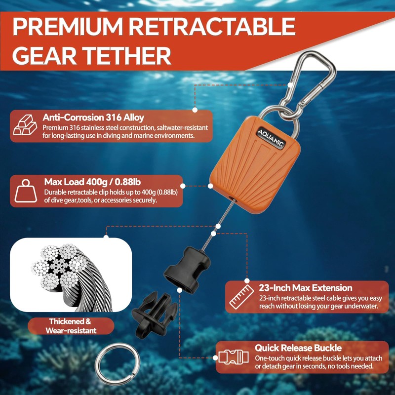 nitescuba Scuba Gear Retractable Gear Tethers, Heavy-Duty Dive Clip Lanyard
