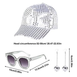 EUPSIIU 3 Pcs 70s Disco Accessories 1970s Disco Costume,Silver Disco Hat for Adults 70s Disco Accessories with Sequins Hat Sunglasses Earrings Disco Costume Set for Party Birthday Dance (3 Pcs)
