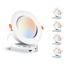 CLOUDY BAY 15W 6 inch 5 Color Swivel LED Gimbal Recessed Light with Junction Box, IC Rated Air Tight Flicker Free,120V CRI90+, 2700K/3000K/3500K/4000K/5000K Temperature Selectable,White, Pack of 4