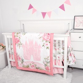 TANOFAR 4-Piece Crib Bedding Set for Baby Boy Girls, Floral Castle Nursery Bedding Set Includes Comforter, Fitted Crib Sheet, Crib Skirt, and Diaper Stacker, Pink