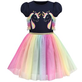 Girls' Dress Purple Short Sleeve Rainbow Tulle Skirt Birthday Party Size 98-122, Rainbow unicorn.