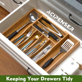 ACIPENSER Bamboo Kitchen Drawer Organizer, Expandable Cutlery Tray Utensil Organizer with Grooved Silverware Drawer for Flatware Silverware in Kitchen 8 Slot, Natural, 11.6"-18.9"W, 14.96"H, 1.97"D