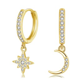 Loutade Silver Drop Hoop Earrings for Women, 925 Sterling Silver Moon Star Dangle Hoop Earrings, CZ Drop Huggie Cartilage Gold Sleeper Earrings, Dainty Cute Gold Hoop Earrings with Moon Star Dangle