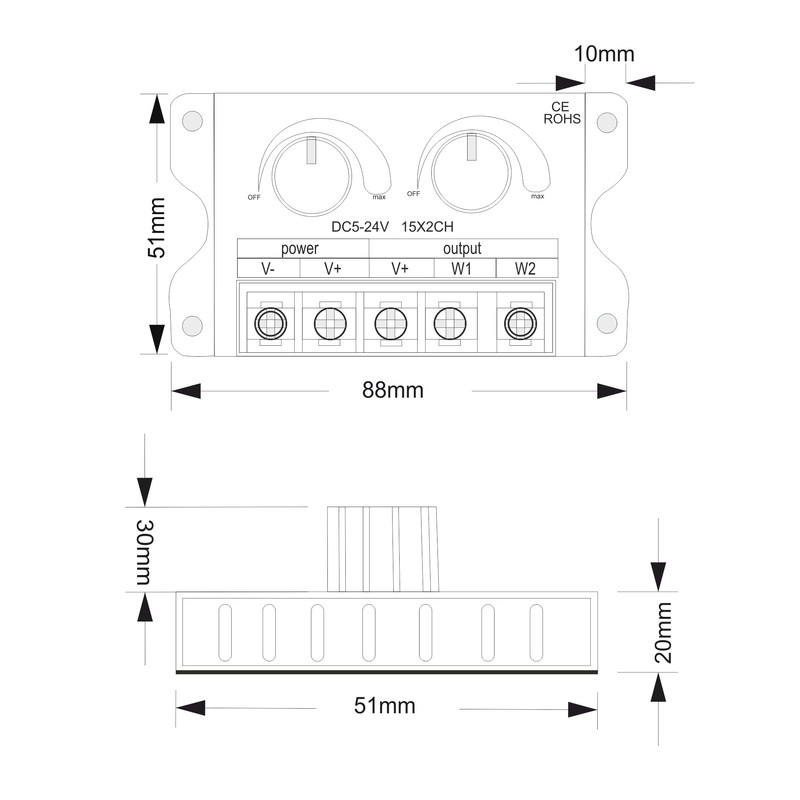 LED PWM CCT Dimmer Controller for LED Stripes DC5-24V 15A