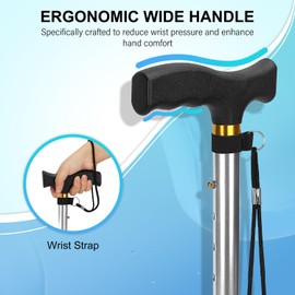 supregear Folding Cane, Lightweight 5-Level Adjustable Walking Stick with Wrist Strap and T-Handle, Portable Mobility Aid for Elderly and Disabled Men and Women, Silver