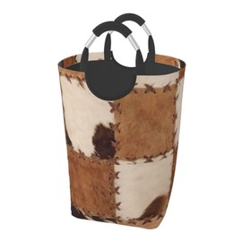 BEITUOLA Brown Cow Print Laundry Basket Cowhide Laundry Hamper Animal Collapsible Baskets with Handle Dirty Clothes Hamper Bag for Dorm Family Bathroom Decor Storage 50L