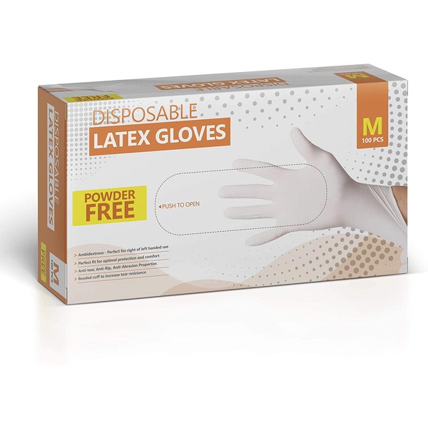 Disposable Latex Gloves, Powder Free (100 Gloves Per Box) (Medium)