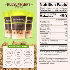 Hudson Henry Pistachio Almond Granola | Gluten Free Granola with Nuts and Seeds | Vegan, Non-GMO & Small Batch Baked with Pure Maple Syrup & Extra Virgin Olive Oil | 3 Pack, 12 oz Bags