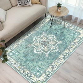 3×5 Boho Area Rugs,Machine Washable Neutral Vintage Carpet for Living Room,Office,Bedroom,Dining Room and Farmhouse with Non Slip Backing Home Decor,Teal Green