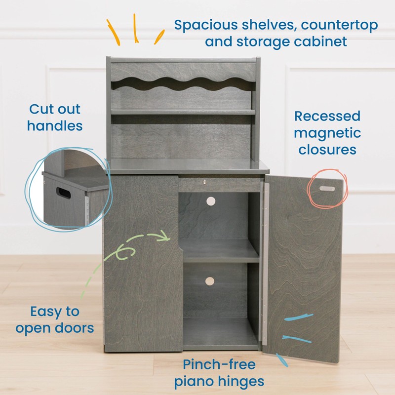 ECR4Kids Play Kitchen Storage Cupboard, Wooden Playset, Grey Wash