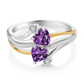 925 Silver and 10K Yellow Gold Purple Amethyst and Lab Grown Diamond 2 Heart Promise Couple Engagement Mother Ring For Women | 0.86 Cttw | Gemstone Birthstone | Available In Size 5, 6, 7, 8, 9