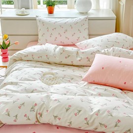 Covebett Bed Linen 135 x 200 cm Cotton Pink White Tulips Flowers Floral Reversible Bed Linen Set 2-Piece Romantic Girls Floral Duvet Cover and Pillowcase 80 x 80 cm with Zip