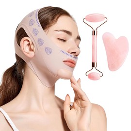 Kinnmaske Doppelkinn Wiederverwendbar,Atmungsaktive V-Line Gesichtsmaske,Chin Strap V Shape Face Mask,mit Gua Sha und Gesichtsroller Tool,Jade Roller Gesichts- und Nackenmassagegerät Skincare