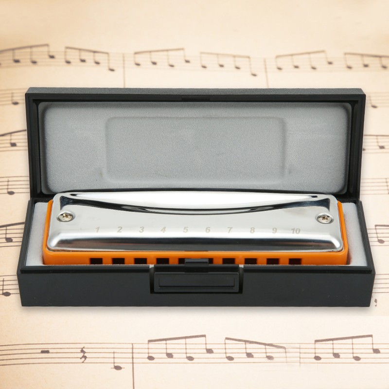 Blues Harmonica 10‑Hole Mouthorgan E Key Wind Instrument Waterproof Corrosion‑Resistant(Orange