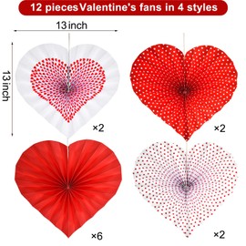 WILLBOND 12 Pieces Valentines Heart Shaped Hanging Fans Red Heart Fans Hanging Paper Fans for Wedding Anniversary Bridal Shower Decoration