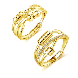 Zolkamery Silver Anxiety Ring, 925 Sterling Silver Fidget Ring with Beads, 2PCS Adjustable Open Anti Anxiety Rings for Women, Gold Spinner Relief Ring with Zirconia, Pair Unisex Stress Rings for Man