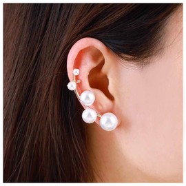 Aneneiceera Boho Pearl Cuff Wrap Earrings Gold Pearl Earrings Long Pearl Chain Earrings Cluster Cartilage Earrings Jewellery for Women and Girls (Left), Zinc