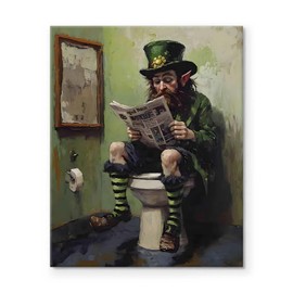 St Patrick Day Canvas Wall Art Decor - Funny Leprechaun Sitting on Toilet Framed Painting, St. Patrick’s Day Humor Art, Bathroom Art, Ideal for St. Patrick’s Day Home Decor, Gift Idea 8X10 inch