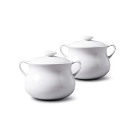 WM Bartleet & Sons 1750 TSET118 Traditional Porcelain Set of 2 Lidded Individual French Onion Soup and Stew Bowl with Handles 500ml – White