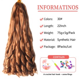 8Packs French Curly Braiding Hair 22 Inch Loose Wave Curly Braiding Hair Extensions Crochet Hair Synthetic Hair for Braiding Hair Extensions for Braiding(30#)