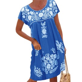 Melliflo Mexican Dress for Women Short Sleeve Floral Embroidered Fiesta Dress Loose Linen Peasant Dresses(BL, S) Blue