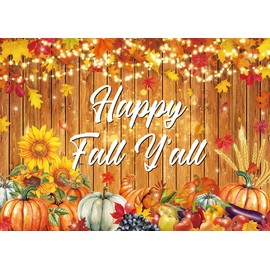 Happy Fall Y'all Backdrop Autumn Maple Leaves Pumpkin Harvest Wood Wall Photography Background Fall Festival Thanksgiving Family Party Decorations Banner Supplies Props (7x5FT)