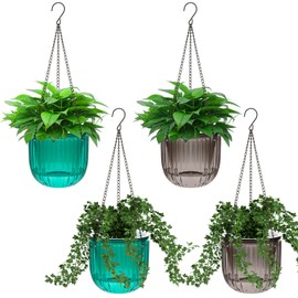 4 Pcs Self Watering Hanging Planter Indoor 6.5 Inch Hanging Baskets for Plants Outdoor Plastic Hanging Flower Pot with 3 Hooks Chains Drainage Holes for Garden Home, Medium Size (Emerald, Gray)