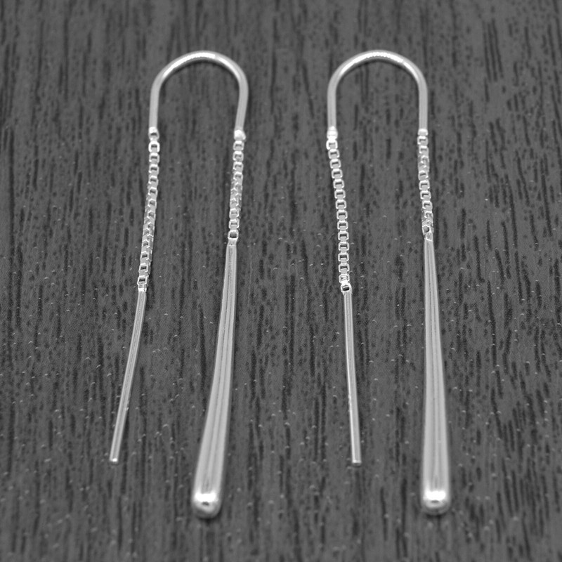 Genuine 925 Sterling Silver Threaded Tear Dropper Pull Through Earrings