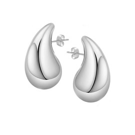 Chunky Gold Hoop Earrings for Women 14K Gold Plated Silver Teardrop Dangle Earrings Fashion Trendy Hollow Hypoallergenic Jewelry (Silver)