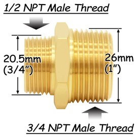 Uenede 3PCS Brass Reducer Adapter, 1/2" NPT Male to 3/4" NPT Male Thread, Hex Reducing Pipe Fitting Coupler Nipple Connector for Water/Oil/Gas