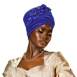 Women's African Turban Head Wrap Braid Beanie Cap Headwear Crystals Twisted Head Turbans for Women (US, Alpha, One Size, Medium, Royal Blue)