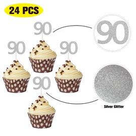 Sumerk 24PCS 90 Cupcake toppers Silver Glitter 90th Birthday Cupcake Picks Anniversary Party Decorations