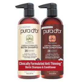 PURA D'OR Professional Grade Clinically Formulated Biotin Shampoo & Conditioner For Hair Thinning - 2X Concentrated Proprietary Herbal Blend Thickening Products For Women & Men, Sulfate Free, 16oz x2