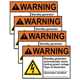 ComplianceSigns.com Warning Standby Generator Automatically ANSI Label Decal with Symbol, 5x3.5 in. 4-PackVinyl for Industrial Notices