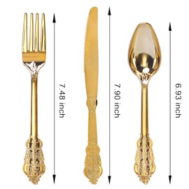 WDF WDF 300 Pieces Gold Plastic Silverware Disposable - Heavy Duty Plastic Cutlery - Gold Silverware Sets Includes 100 Forks, 100 Spoons, 100 Knives