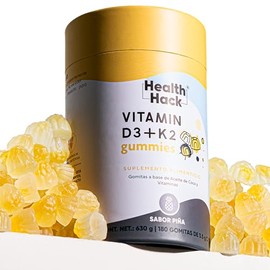 Vitamina D3 K2 Gomitas con CoQ10, Magnesio y Aceite de Coco | 400 UI D3, 30 µg K2, 100 mg Coenzima Q10 | 180 Gomitas Sin Azúcar, 90 Porciones, Sabor P