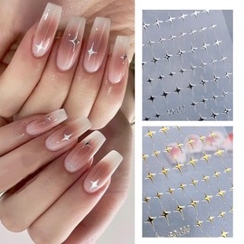 HYWWPFLAY 4 Sheets Star Nail Stickers for Nail Art, Self - Adhesive Glitter Embossed Nail Decals, (Silver Gold Black White) Aurora Star Nail Art Stickers Design for Women Girls DIY Nails Art Supplies