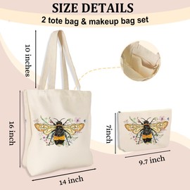Cute Bee Gifts Bees Decor Floral Botanical 2pcs Cosmetic Bag Canvas Tote Bag for Women Set, Shopping Beach Grocery Canvas Tote, Birthday Christmas Friendship Gifts for Women Animal Lovers Girls Mom