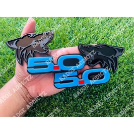 Badge Addictz Coyote 5.0 Emblem Badges Light Blue Matte Black On Glossy Black Racing Fast Car