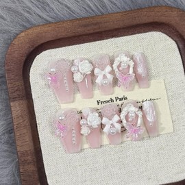 TENPAL Summer Pink Nails,Handmade Press on Nails Medium Coffin,Butterfly Rose Designs Soft Gel Fake Nails with Tools,Reusable False Nails with Camellia Peals,Florals Nails for Women Girls, XS Size