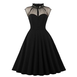 Women High Neck Sheer Mesh See Through Corset Dress Keyhole Sleeveless Patchwork A Line Flared Party Dress Goth Black Cocktail Dresses for Women Wedding Guest Short Bridesmaid Dress Black-Sweetheart L