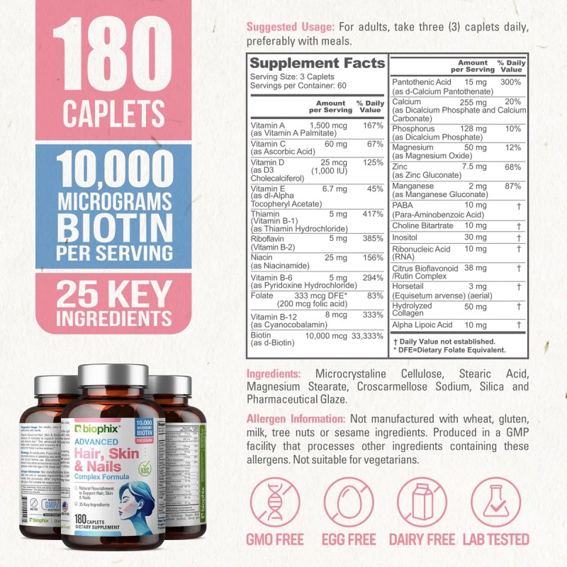 Biophix Biotina 10000 Mcg Cabello Piel Uñas 180 Cápsulas