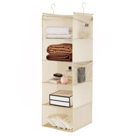 MAX Houser 5 Shelf Hanging Closet Organizer, Space Saver, Cloth Hanging Shelves with 4 Side Pockets, Foldable, Beige