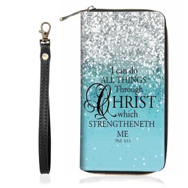 BWOOLL Women's Quote Bible Verse Phil 4-13 Compact Zip Wallet, Rose Gold Faux Leather, Letter Print, Glitter, Compact, Envelope Style, Religion Theme